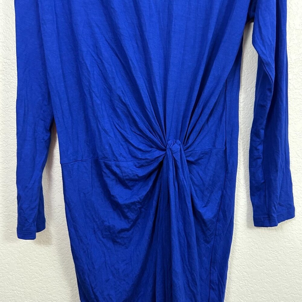 Gold Spark Knot Front Long Sleeve Midi T-Shirt Dress Jersey Knit Stretch Cobalt - Picture 3 of 7